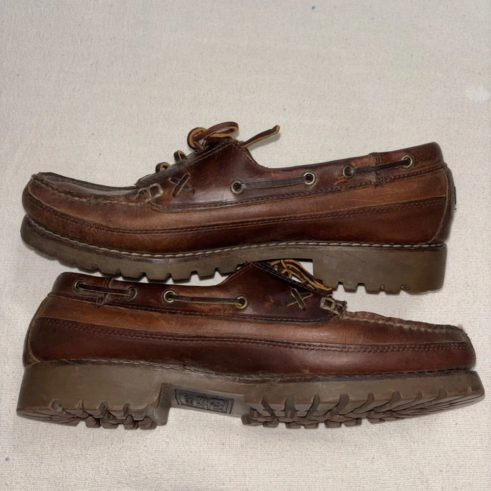 VTG 90's POLO‎ SPORT Ralph Lauren Brown Leather Boat Shoes Loafers Men's 10.5 D